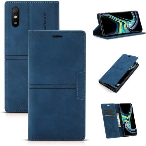 Compatible Avec Coque Samsung Galaxy Note 9, Pu Cuir Flip Folio Portefeuille Avec Emplacement Carte, Magnétique Antichoc Support Etui Housse+2x Verre Trempé-Bleu