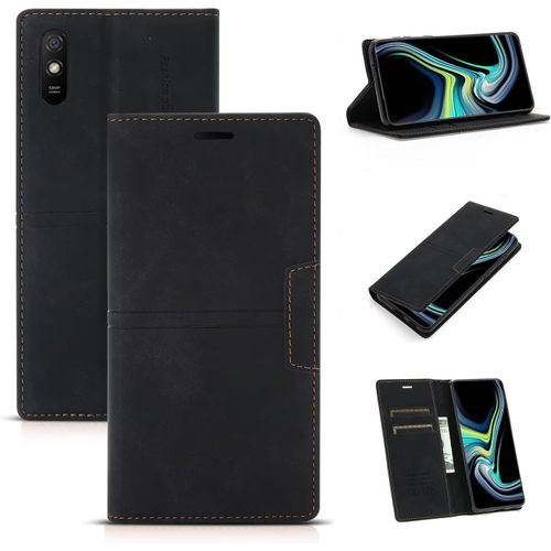 Compatible Avec Coque Xiaomi Redmi Note 7 Pro, Pu Cuir Flip Folio Portefeuille Avec Emplacement Carte, Magnétique Antichoc Support Etui Housse+2x Verre Trempé-Noir