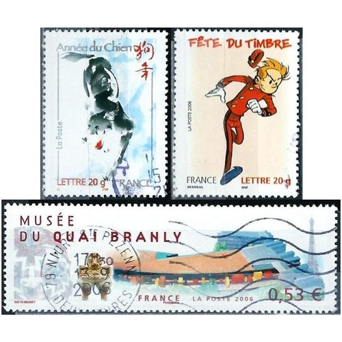 France 2006, Beaux Timbres Yvert 3865 Astrologie Chinoise, Année Du Chien, 3877 Fête Du Timbre, Spirou Et 3937 Musée Du Quai Branly, Oblitérés, Tbe.
