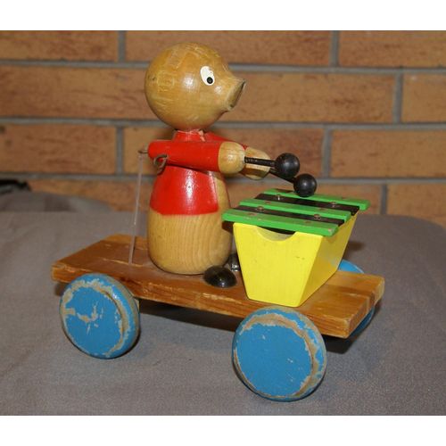 Ancien Jouet Mécanique En Bois Chien Chariot Xylophone.