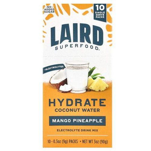 Laird Superfood, Eau De Coco Hydratante, Mélange À Boire Enrichi En Électrolytes, Mangue Et Ananas, 10 Sachets Individuels, 9 G Chacun