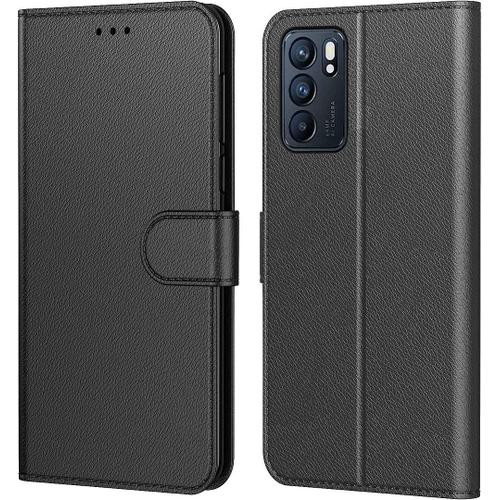 Coque Pour Oppo Reno 6 - Rabat Cuir Synthétique Intégral Noir