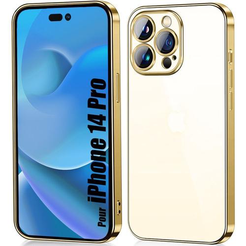 Coque Silicone Pour Iphone 14 Pro Transparent Contour Métallique Doré