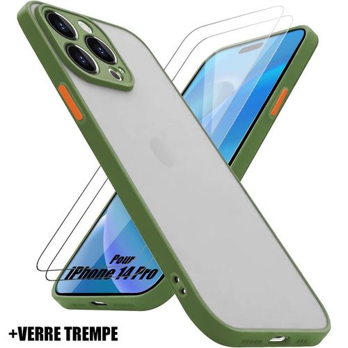 Coque Pour Iphone 14 Pro Ultra Fine Silicone Pc Kaki + 2 Verres Trempés