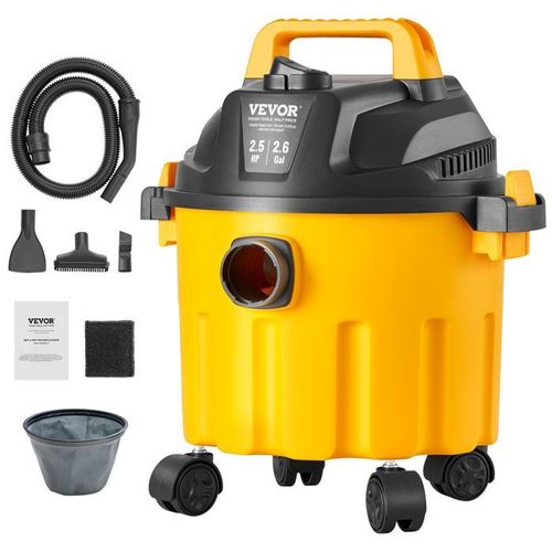 Aspirateur Eau et Poussière 10 L-VEVOR-Aspirateur D'atelier Sec Humide portable inox-pour Tapis, Débris, Poils D'animaux-Jaune