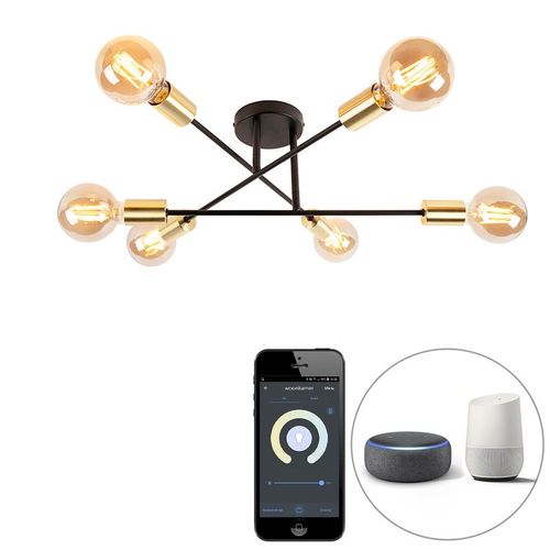Qazqa Industriel Smart Plafondlamp Zwart Met Goud 6-Lichts Incl. Wifi G95 - Sydney Bondi Acier Dorã© ,Noir Autres / Luminaire / Lumiere / ÃClairage / Intã©Rieur / Salon / Cuisine E27 Max. 6...