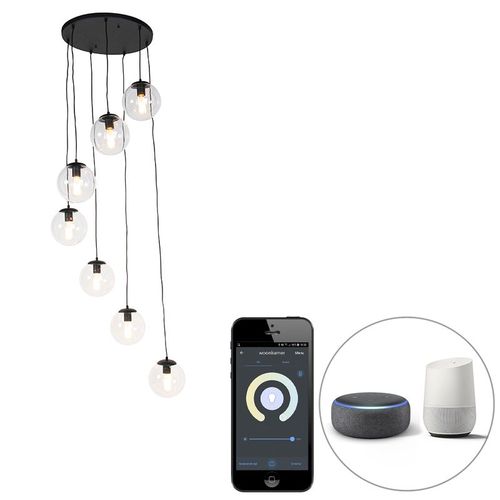 Qazqa Art Deco Smart Hanglamp Zwart 7-Lichts Incl. Wifi St64 - Pallon Verre /Acier Transparent,Noir Globe /Oblongue / Luminaire / Lumiere / ÃClairage / Intã©Rieur / Salon / Cuisine E27 Max....