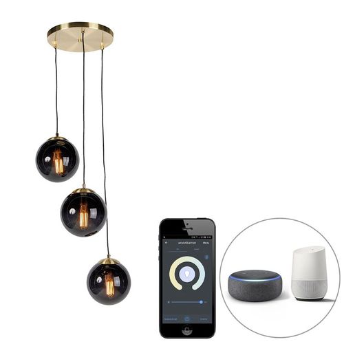 Qazqa Smart Hanglamp Messing Met Zwarte Glas 3-Lichts Incl. Wifi St64 - Pallon Verre /Acier Noir,Dorã©/Laiton Oblongue /Globe / Luminaire / Lumiere / ÃClairage / Intã©Rieur / Salon /...