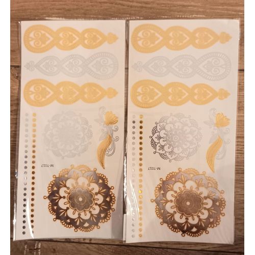 Lot De 2 Planches De Tatouages Ephemeres Or Et Argent Rosace Mandala Argenté