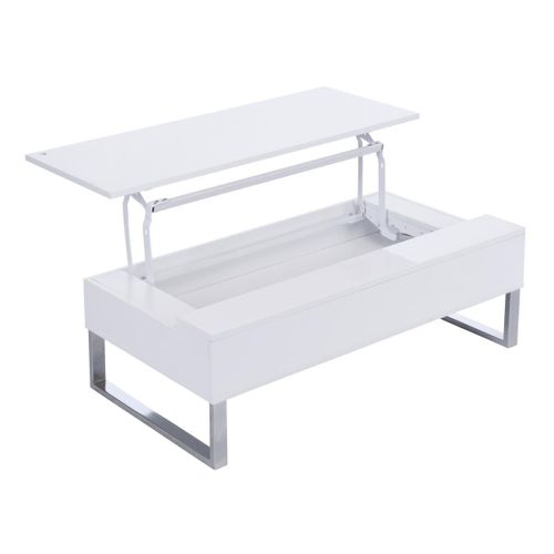 Table Basse Avec Plateau Relevable - Mdf Et Métal Chromé - Blanc Laqué - Secali