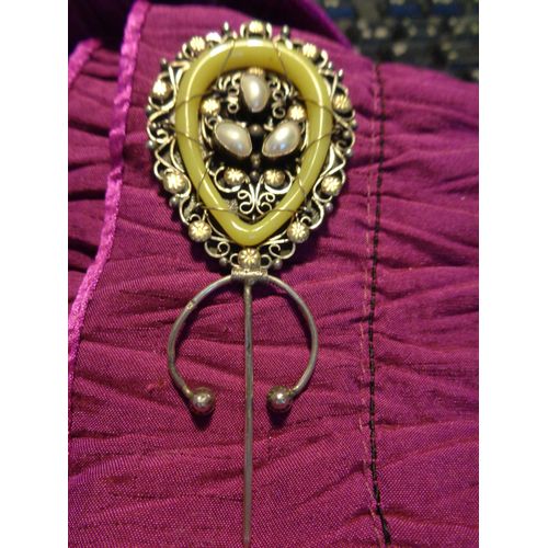 Fibule Ancienne Argent 800/1000e Décor Verroterie, Perles Nacre