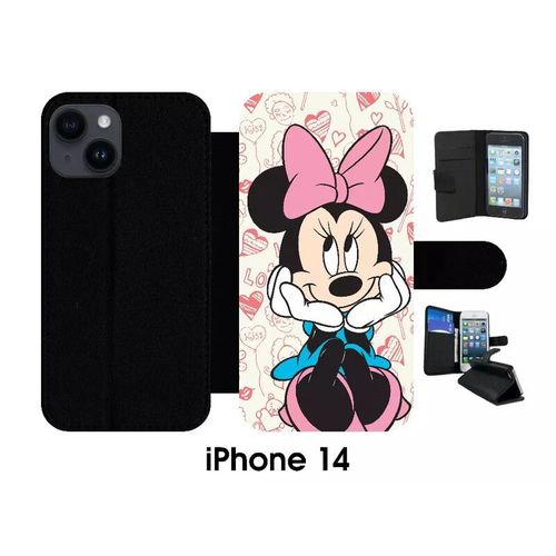Etui À Rabat Iphone 14 - Disney Minnie Love - Simili-Cuir - Noir