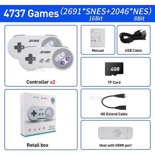 4737 Jeux - Console De Jeu Vidéo Pour Super Nintendo Snes Anjbuilt, 5500 Jeux, Clé De Jeu Compatible Hdmi, Lecteur Tv, Manette Sans Fil