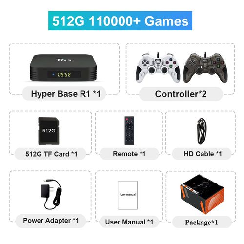 R1-512g-218-1b1w - Mini Console De Jeu Vidéo Rétro Avec 110000 Jeux Intégrés, 70 Émulateurs, 4k Tv Box, Arcade Box Pour Psp, Ps1, N64, Sega Saturn, Snes, Macloser, Dc