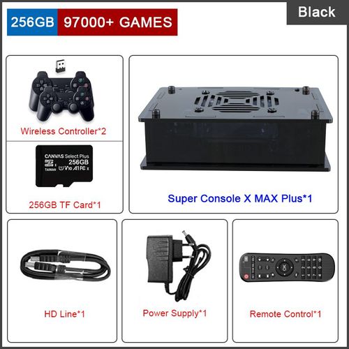 Black 256 Sans Fil - Console De Jeu Vidéo Super X Max Plus, 97000 Jeux Classiques Intégrés Pour Psp, N64, Sega Saturn, Lecteur De Jeu, 8k Hd, Wifi Tv Box