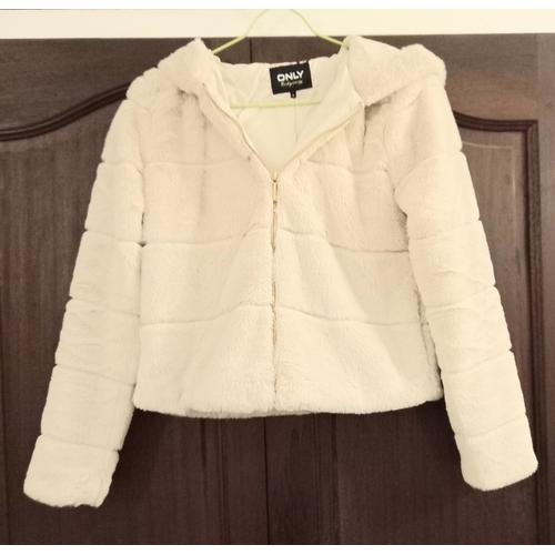 Manteau Only Veste Gilet Femme Blanc Polaire Fourrure À Capuche S - 36 Fermeture Eclaire Or