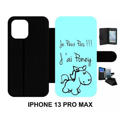 Etui À Rabat Iphone 13 Pro Max - Citation Poney Turquoise - Simili-Cuir - Noir