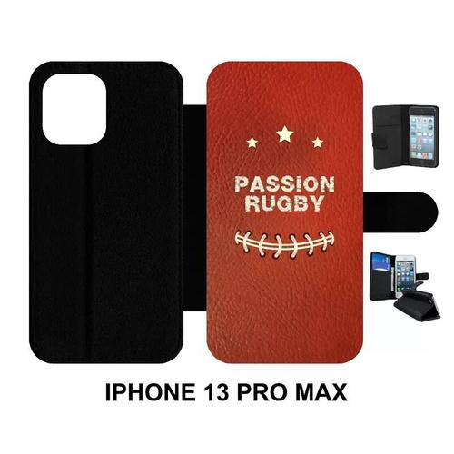 Etui À Rabat Iphone 13 Pro Max - Passion Rugby - Simili-Cuir - Noir