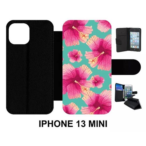 Etui À Rabat Iphone 13 Mini - Hibiscus Fond Turquoise - Simili-Cuir - Noir