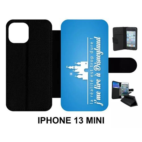 Etui À Rabat Iphone 13 Mini - La Realite Est Tropdure Jme Tire A Disney Fond Turquoise - Simili-Cuir - Noir