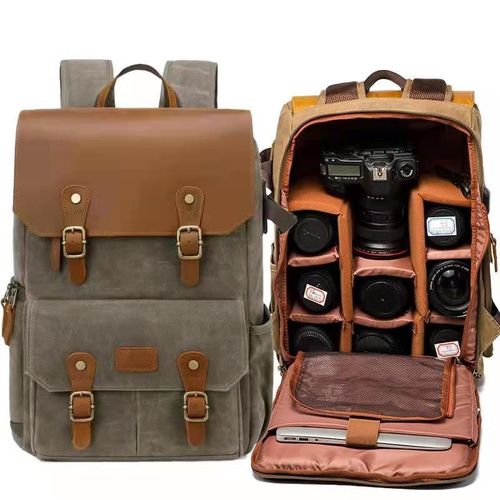 Caméra Verte - Batik Canvas + Sac À Dos Étanche En Cuir De Vache, Grand Sac Antivol Pour Caméra De Drone, Étui Pour Objectif Rembourré Pour Accessoires Nikon/Canon/Sony Slr-Générique