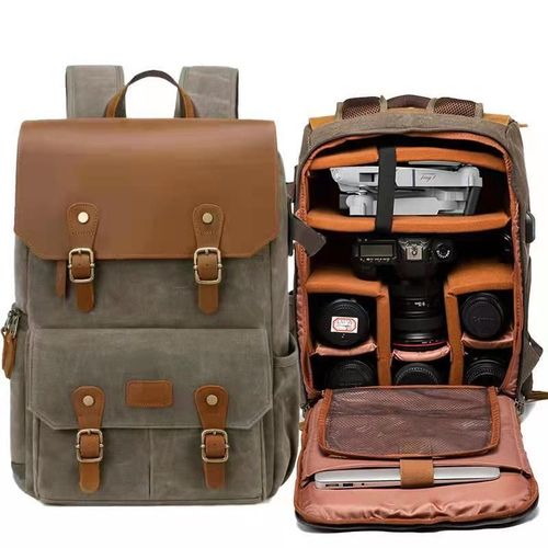 Drone Vert - Batik Canvas + Sac À Dos Étanche En Cuir De Vache, Grand Sac Antivol Pour Caméra De Drone, Étui Pour Objectif Rembourré Pour Accessoires Nikon/Canon/Sony Slr-Générique