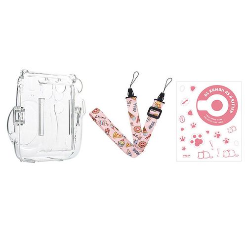 Rose - Pour Polaroid Instax Mini11 sac Photo, coque de rangement transparente, coque en cristal, sangle autocollante, ensemble de trois pièces