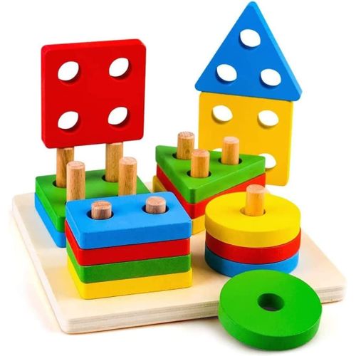 Jouets À Empiler En Bois & Planche De Support | Empileur De Formes Géométriques | Jouet En Bois Non Toxique & Écologique