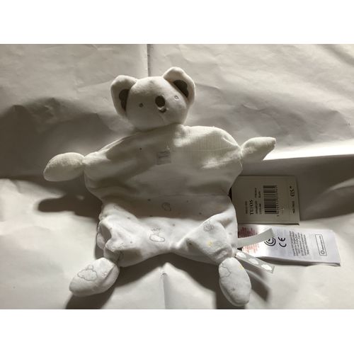 Doudou Sergent Major Ours Panda Oiseau Nuage Tissu Lange Blanc Plat 4 Noeuds