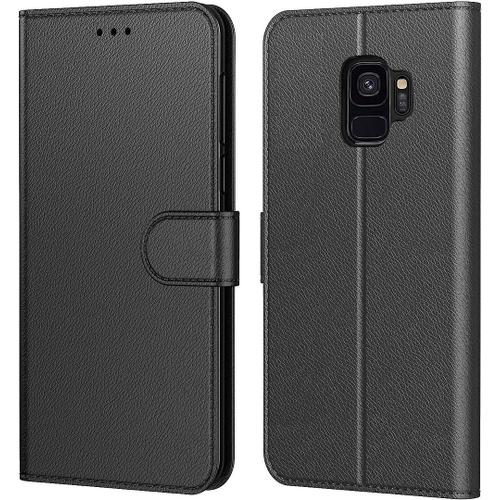 Coque Pour Samsung S9 Housse Etui Portefeuille Effet Cuir Protection Intégrale Noir