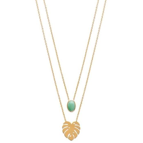 Collier Double Rangs Feuille Et Pierre Aventurine Plaqué Or 18 Carats