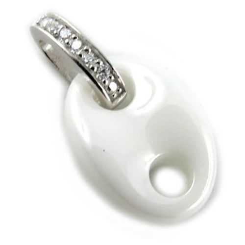 Pendentif - Argent - Grain De Café - Céramique Blanche - Zirconium - 14x10 Mm