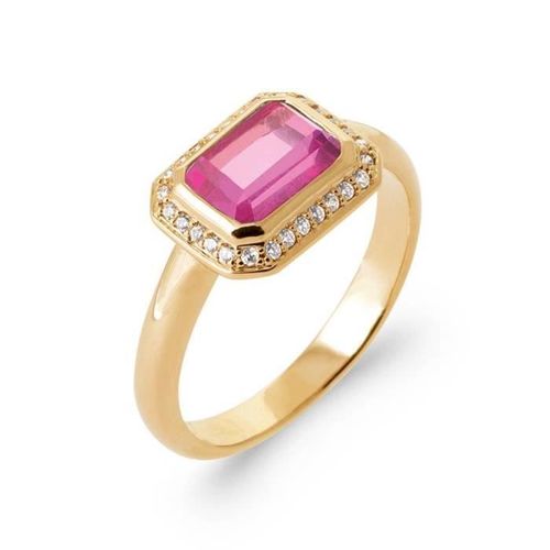 Bague - Bijouxia - Cristal Rectangulaire Zirconium Rose - Plaqué Or 18 Carats - Qualité Bijouterie