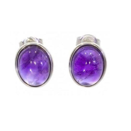 Boucles D'oreilles Puces Pierre Améthyste Cabochon Ovale Argent 925 Rhodié - Bijouxia - Clou - Puce