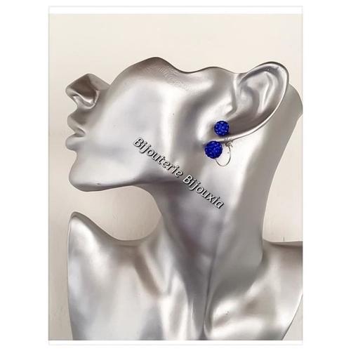 Boucles D'oreilles Boules Argent Et Cristal De Swarovski Bleu