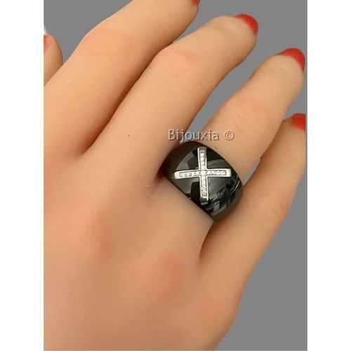 Bague Céramique - Bijouxia - Large Croix Zirconium - Argent 925/1000