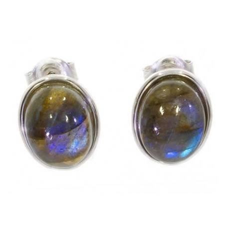 Boucles D'oreilles Puces Pierre Labradorite Cabochon Ovale Argent Massif Rhodié - Bijouxia - Femme - Argenté