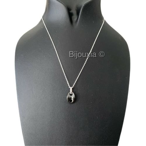 Collier Chaîne Grain De Café En Céramique Noire Et Argent 925/1000 Avec Cristaux De Zirconium - Longueur 45cm