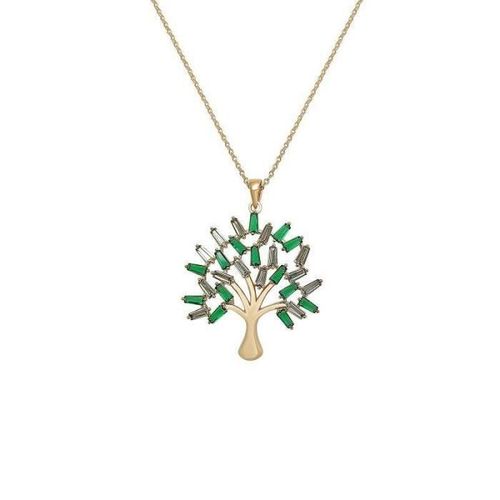 Collier - Bijouxia - Arbre De Vie - Plaqué Or 18 Carats - Cristal Cz Vert - 40 Cm + 5 Cm D'extension