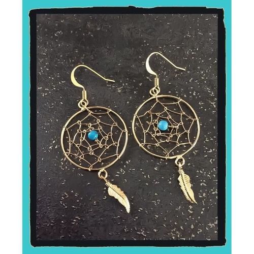 Boucles D'oreilles Pendantes Attrape Rêve Plaqué Or 18 Carats - Bijouxia - Turquoise - Crochet