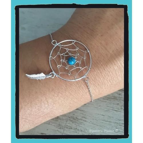 Bracelet Attrape Rêve Pierre Turquoise Argent Massif 925/000 Bijoux