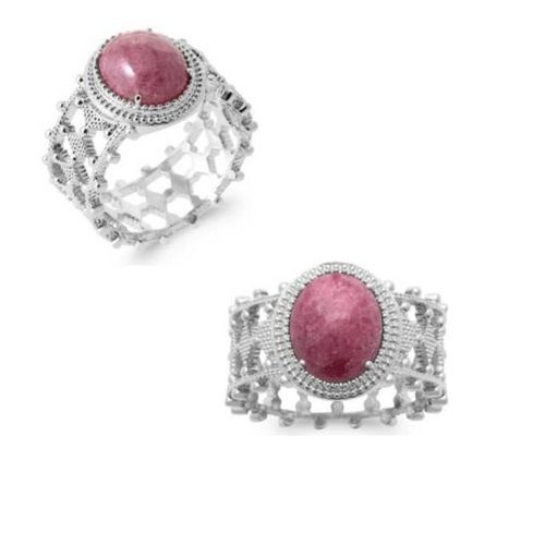 Bague En Argent Massif Avec Pierre Rhodonite - Bijouxia - Motifs Ciselés Et Billes - Tailles 52 À 60