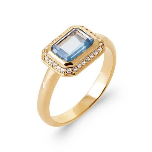 Bague - Bijouxia - Cristal Bleu Rectangulaire - Plaqué Or 18 Carats - Oxyde De Zirconium