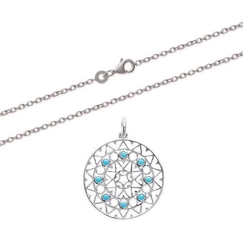 Collier - Bijouxia - Chaîne Forçat + Pendentif Cercle Pierres Turquoises - Argent Massif 925/000 Rhodié