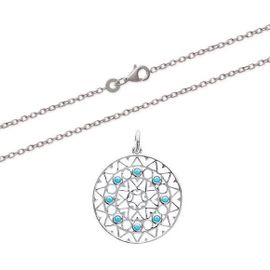 Collier - Bijouxia - Chaîne Forçat + Pendentif Cercle Pierres Turquoises - Argent Massif 925/000 Rhodié