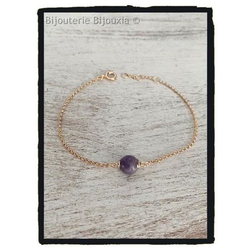 Bracelet Chaîne Et Pierre Améthyste Véritable Plaqué Or 18 Carats 750/1000