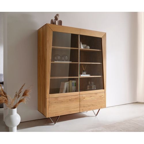 Vitrine Kayu Acacia Naturel 115x150 Cm 2 Portes En Verre 2 Portes En Bois Pied En V Buffet Haut