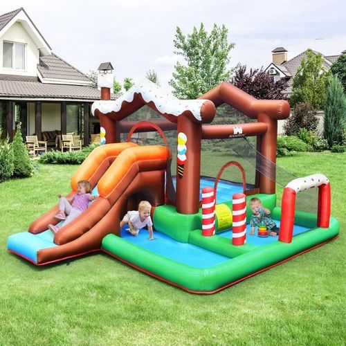 Costway Château Gonflable Pour Enfants Avec Toboggan Cercle De Basket-Ball Fosse Mur D'escalade Filet De Sécurité Sans Souffleur