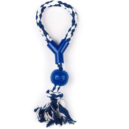 Corde 33cm Avec Balle Caoutchouc À Picots 33 Cm - Bleu Blanc - Jouet Pour Chien