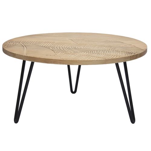 Table Basse Ronde Gravée En Manguier Massif Et Métal Noir Vibes